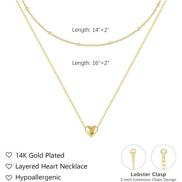 Heart Necklace for Women, 14K Gold Plated Layered Tiny Puffy Heart Pendant - Picture 4 of 7